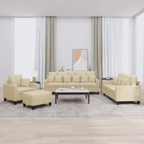 4-dijelni set sofa s jastucima krem od tkanine - Krema s jastucima i tabureom Cijena