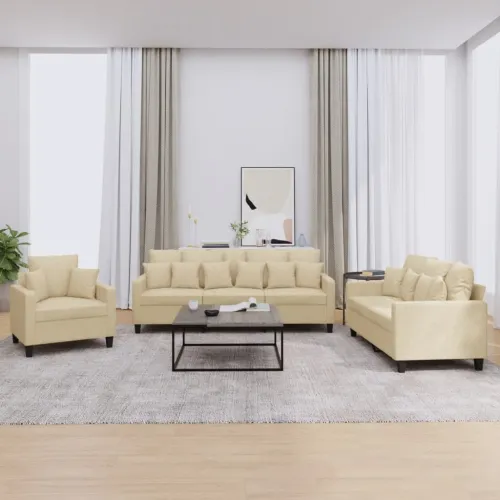 3-dijelni set sofa s jastucima krem od mikrovlakana - Krema s jastučićima Cijena