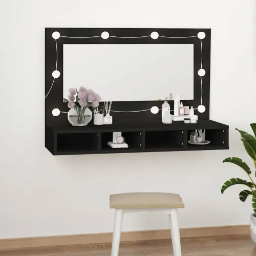 Ormarić s ogledalom i LED svjetlima crni 90 x 31,5 x 62 cm - Crna Cijena