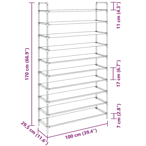 Stalak za cipele s 10 polica od metala i netkane tkanine crni - Crna 100 x 29.5 x 170 cm 1 1 Cijena
