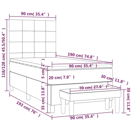 Boxspring - Krevet s oprugama i madracem tamnosmeđi 90 x 190 cm od tkanine - Tamno smeđa 90 x 190 cm Blok s kvadratima Tamno sme Cijena