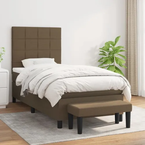 Boxspring - Krevet s oprugama i madracem tamnosmeđi 90 x 190 cm od tkanine - Tamno smeđa 90 x 190 cm Blok s kvadratima Tamno sme Cijena