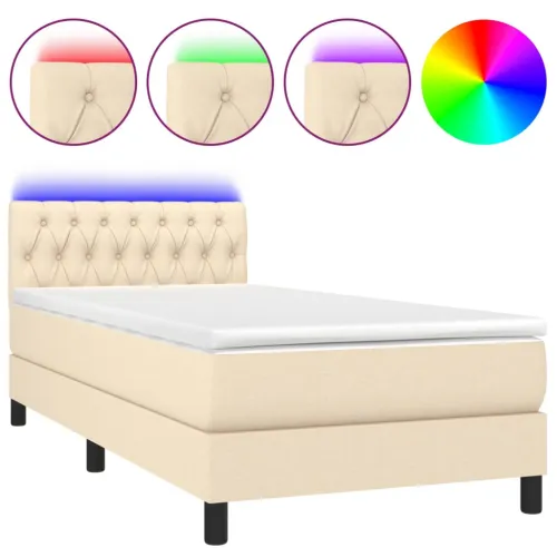 Krevet box spring s madracem LED krem 90x190 cm od tkanine - Krema 90 x 190 cm Dizajn s gumbima Cijena