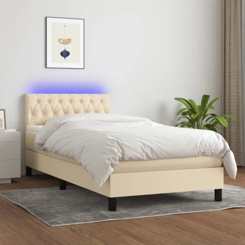 Krevet box spring s madracem LED krem 90x190 cm od tkanine - Krema 90 x 190 cm Dizajn s gumbima Cijena