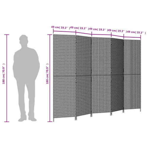 Paravan - Sobna pregrada s 5 panela crna od poliratana - Crna 245 x 180 cm Puno tkanje 1 Cijena