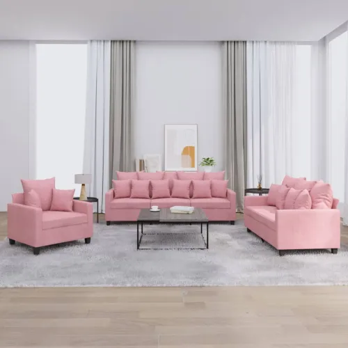 3-dijelni set sofa s jastucima ružičasti baršunasti - Ružičasta bez naslona za noge Cijena