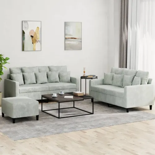 3-dijelni set sofa s jastucima svjetlosivi baršunasti - Svjetlosiva s jastučićima i tabureom Cijena