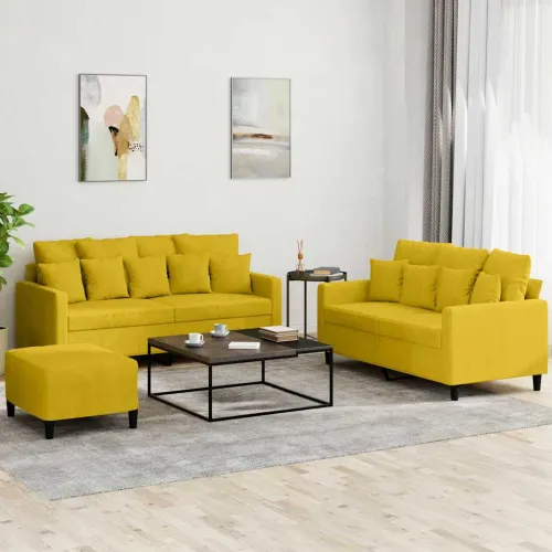 3-dijelni set sofa s jastucima žuti baršunasti - Žuta s jastučićima i tabureom Cijena