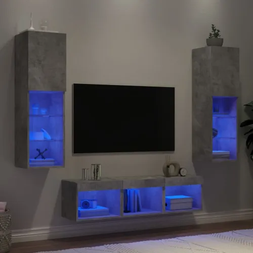 5-dijelni zidni TV elementi s LED svjetlima boja betona drveni - Beton siva 5 Cijena