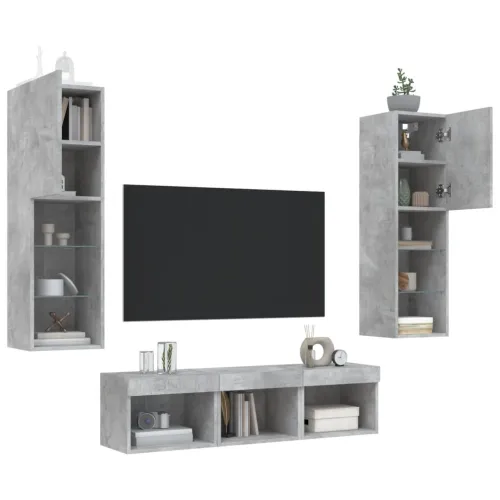 5-dijelni zidni TV elementi s LED svjetlima boja betona drveni - Beton siva 5 Cijena