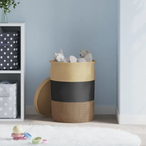 Košara za pohranu s poklopcem crna i bež Ø 37 x 50 cm pamučna - Crna Cijena