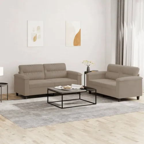 2-dijelni set sofa s jastucima smeđesivi od mikrovlakana - Sivo-smeđa Bez oslonca za noge Sivo-smeđa Bez oslonca za noge Cijena