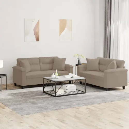 2-dijelni set sofa s jastucima smeđesivi od mikrovlakana - Sivo-smeđa s jastučićima Sivo-smeđa s jastučićima Cijena