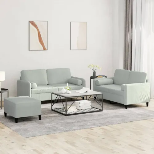 3-dijelni set sofa s jastucima svjetlosivi baršunasti - Svjetlosiva s jastucima i tabureom Cijena