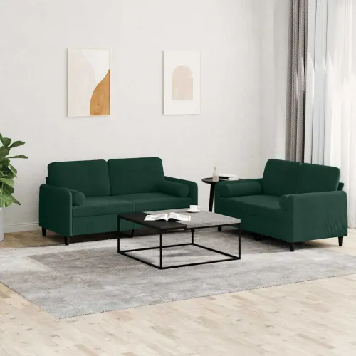 2-dijelni set sofa s jastucima tamnozeleni baršunasti - Tamnozelena s jastučićima Cijena