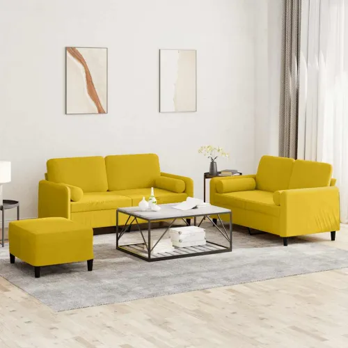 3-dijelni set sofa s jastucima žuti baršunasti - Žuta s jastucima i tabureom Cijena