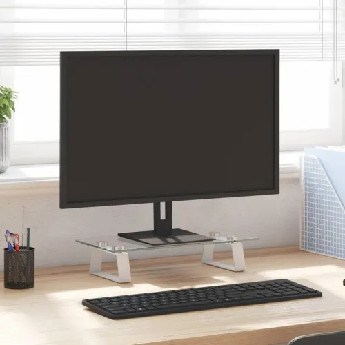 Stalak za monitor bijeli 40 x 20 x 8 cm kaljeno staklo i metal - Bijela 40 x 20 x 8 cm Bijela 40 x 20 x 8 cm Cijena
