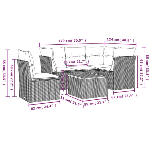 Vrtna garnitura - 6-dijelni set vrtnih sofa s jastucima crni od poliratana - Crna i krem 2 x sredina + stol + 3 x kut 1 Cijena