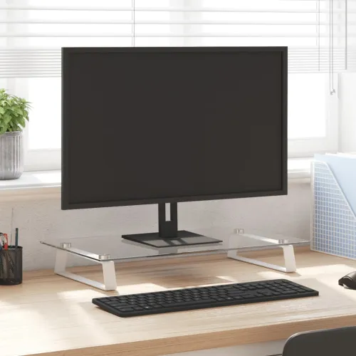 Stalak za monitor bijeli 60 x 35 x 8 cm kaljeno staklo i metal - Bijela 60 x 35 x 8 cm Bijela 60 x 35 x 8 cm Cijena