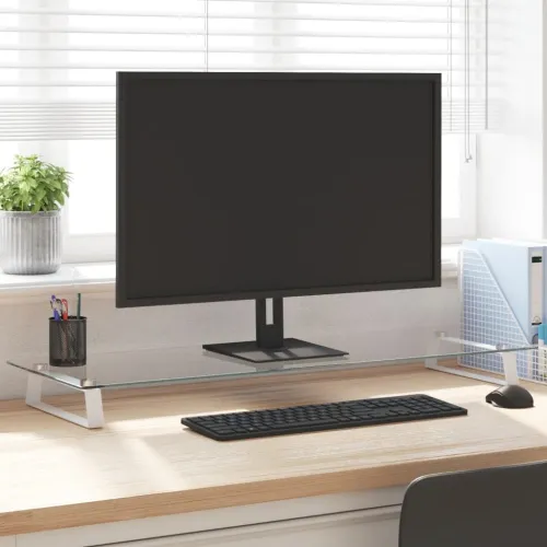 Stalak za monitor bijeli 100x35x8 cm kaljeno staklo i metal - Bijela 100 x 35 x 8 cm Cijena