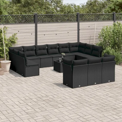 Vrtna garnitura - 14-dijelni set vrtnih sofa s jastucima poliratan crni - Crna Sa stolom 1 Crna Cijena
