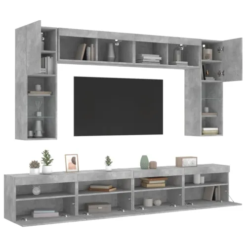 8-dijelni set zidnih TV ormarića s LED svjetlima boja betona - Beton siva 1 Cijena