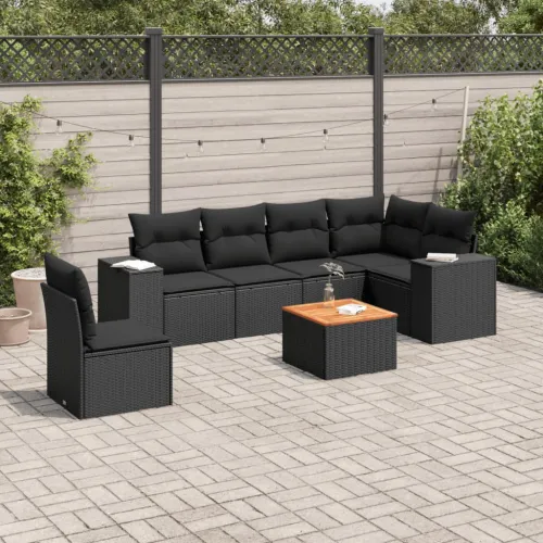 Vrtna garnitura - 7-dijelni set vrtnih sofa od poliratana s jastucima crni - Crna 3x srednja + stol + kutna Cijena