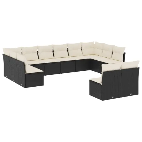 Vrtna garnitura - 12-dijelni set vrtnih sofa od poliratana s jastucima crni - Crna i krem Bez stola Cijena