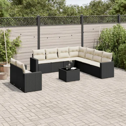 Vrtna garnitura - 10-dijelni set vrtnih sofa s jastucima crni od poliratana - Crna i krem Sa stolom 1 Cijena