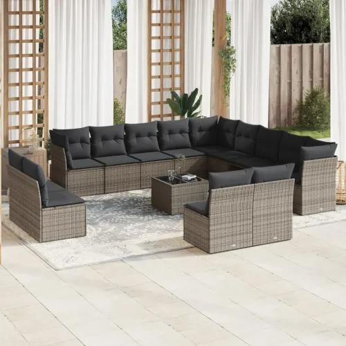 Vrtna garnitura - 14-dijelni set vrtnih sofa od poliratana s jastucima sivi - Siva Sa stolom 1 Siva Cijena