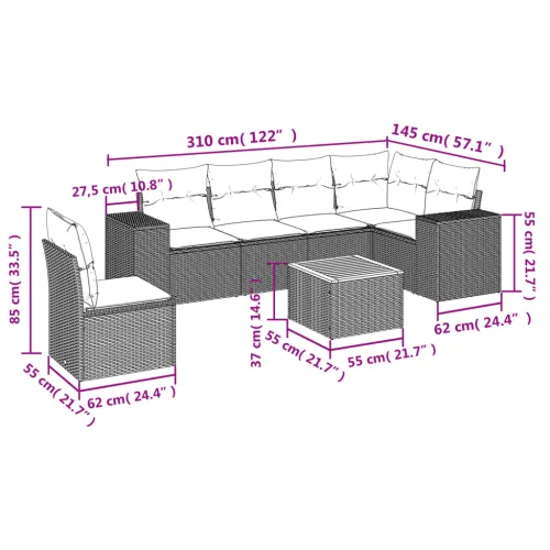 Vrtna garnitura - 7-dijelni set vrtnih sofa sivi od poliratana - Siva 3x srednja + stol + kutna 1 Cijena