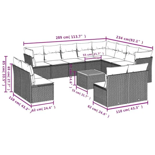 Vrtna garnitura - 13-dijelni set vrtnih sofa s jastucima poliratan crni - Crna 1 Cijena