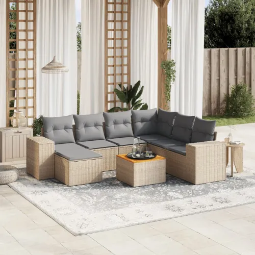 Vrtna garnitura - 8-dijelni set vrtnih sofa od poliratana s jastucima bež - bež i svjetlosiva 3x srednja + kutna + tabure + stol Cijena