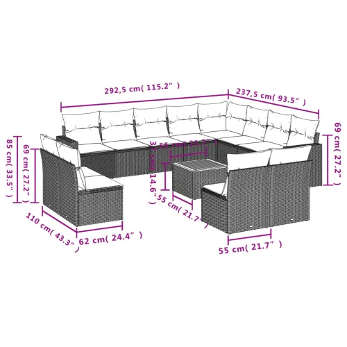 Vrtna garnitura - 13-dijelni set vrtnih sofa s jastucima poliratan crni - Crna i krem 1 Cijena