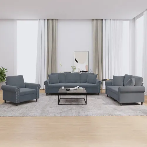 3-dijelni set sofa s jastucima tamnosivi baršunasti - Tamno siva s jastučićima Cijena