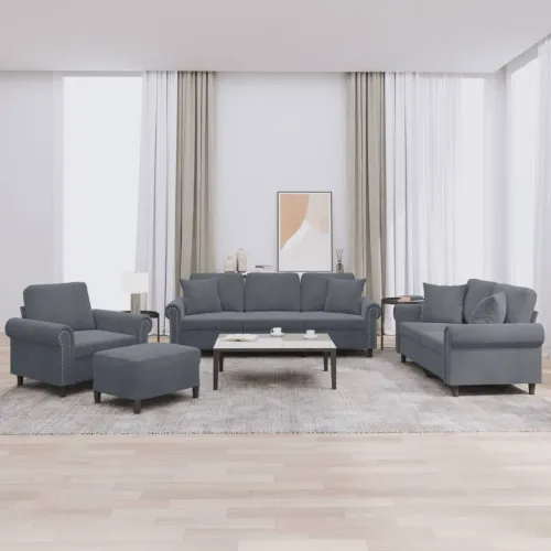 4-dijelni set sofa s jastucima tamnosivi baršunasti - Tamno siva s jastucima i tabureom Cijena