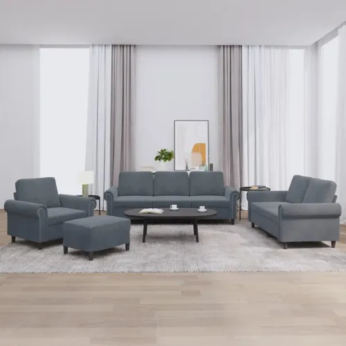 4-dijelni set sofa s jastucima tamnosivi baršunasti - Tamno siva S osloncem za noge Cijena