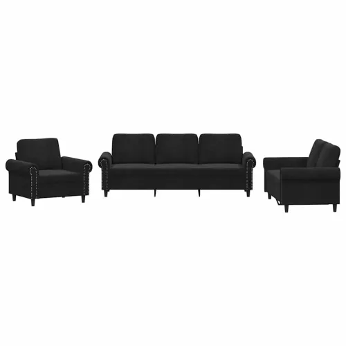 3-dijelni set sofa s jastucima crni baršunasti - Crna Bez oslonca za noge Cijena