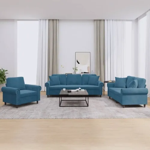 3-dijelni set sofa s jastucima plavi baršunasti - Plava s jastučićima Cijena