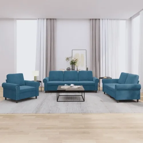 3-dijelni set sofa s jastucima plavi baršunasti - Plava Bez oslonca za noge Cijena