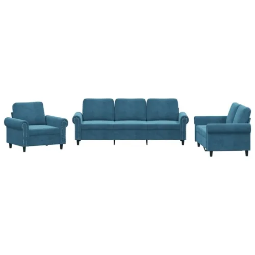 3-dijelni set sofa s jastucima plavi baršunasti - Plava Bez oslonca za noge Cijena