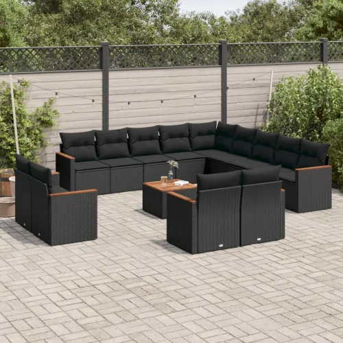Vrtna garnitura - 14-dijelni set vrtnih sofa s jastucima poliratan crni - Crna Sa stolom 1 Crna Cijena