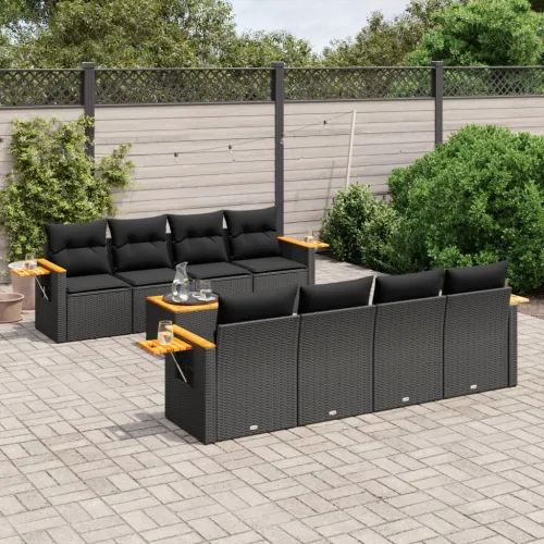 Vrtna garnitura - 9-dijelni set vrtnih sofa s jastucima crni od poliratana - Crna 1 Crna Cijena
