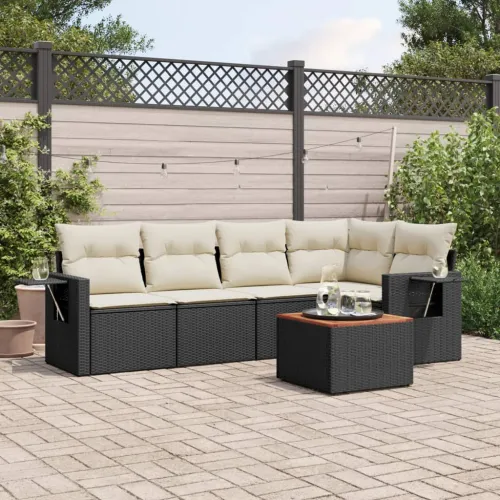 Vrtna garnitura - 6-dijelni set vrtnih sofa s jastucima crni od poliratana - Crna i krem 1 2x srednji element + stol + 1x kutni  Cijena
