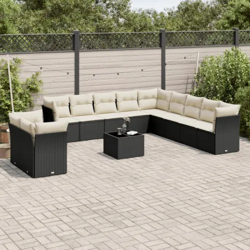 Vrtna garnitura - 12-dijelni set vrtnih sofa od poliratana s jastucima crni - Crna i krem Sa stolom 1 Cijena