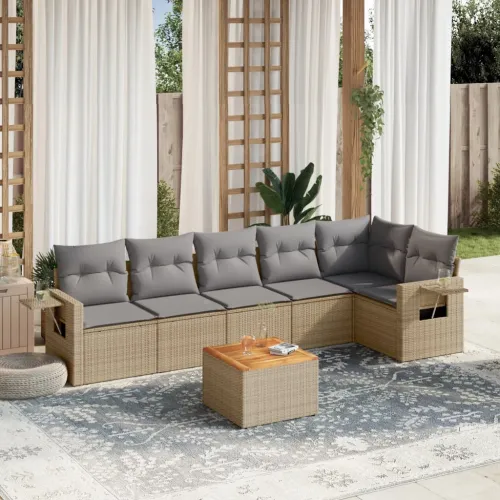 Vrtna garnitura - 7-dijelni set vrtnih sofa od poliratana s jastucima bež - bež i siva 1 stol + 3x srednja + kutna Cijena