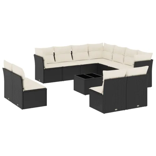 Vrtna garnitura - 12-dijelni set vrtnih sofa od poliratana s jastucima crni - Crna i krem Sa stolom 1 Cijena