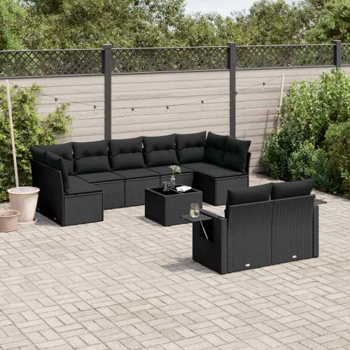 Vrtna garnitura - 10-dijelni set vrtnih sofa s jastucima crni od poliratana - Crna Sa stolom Cijena