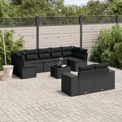 Vrtna garnitura - 10-dijelni set vrtnih sofa s jastucima crni od poliratana - Crna Sa stolom 1 Cijena