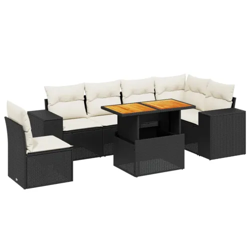 Vrtna garnitura - 7-dijelni set vrtnih sofa od poliratana s jastucima crni - Crna i krem stol + 3x kutna + 3x srednja Cijena
